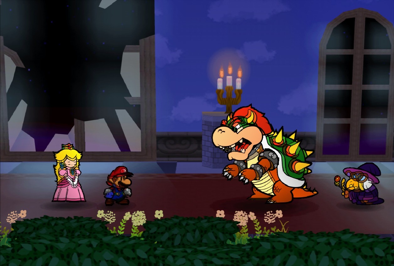 Bowser confronting Mario and Peach in the ruined castle hall, Kammy Koopa at his side
